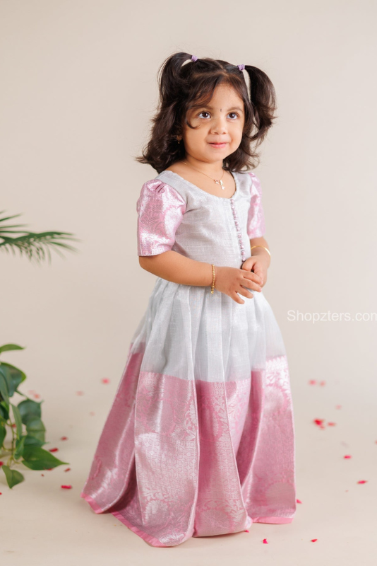 Silver Tissue dress with Pink border