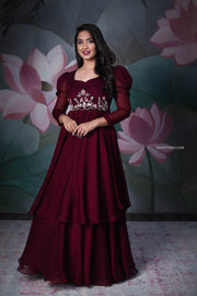 Wine Two-Layer Embroidered Gown