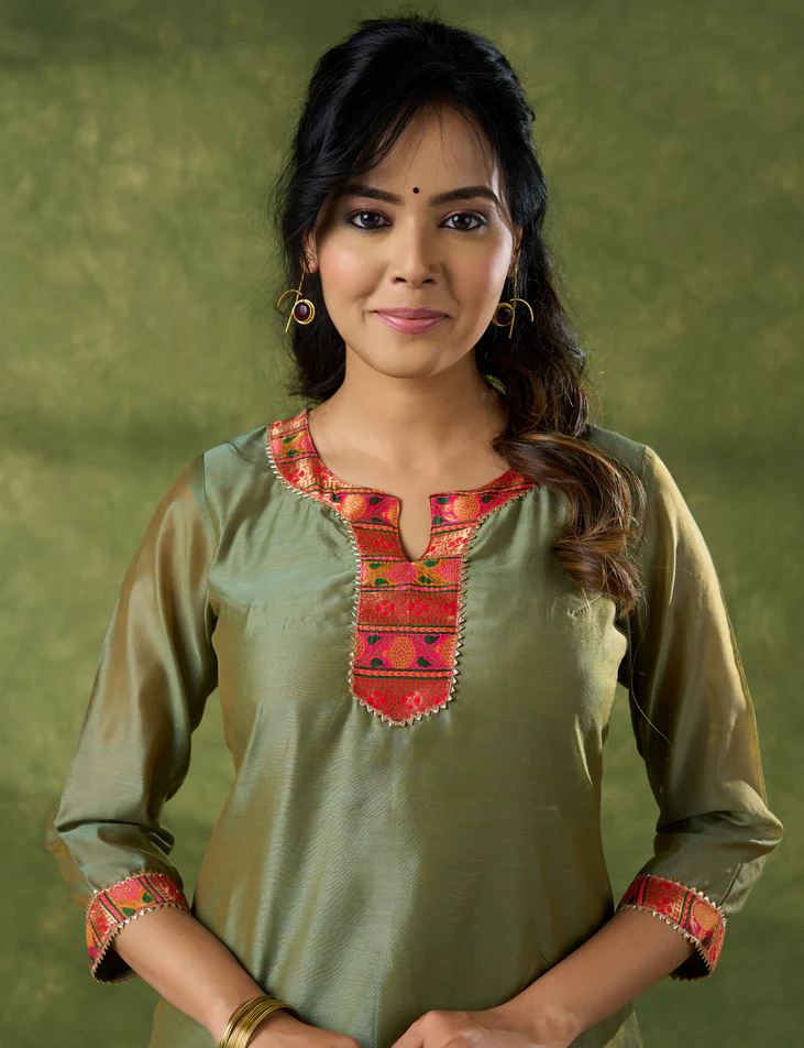 Soothing Olive Chanderi Kurta With Brocade Details