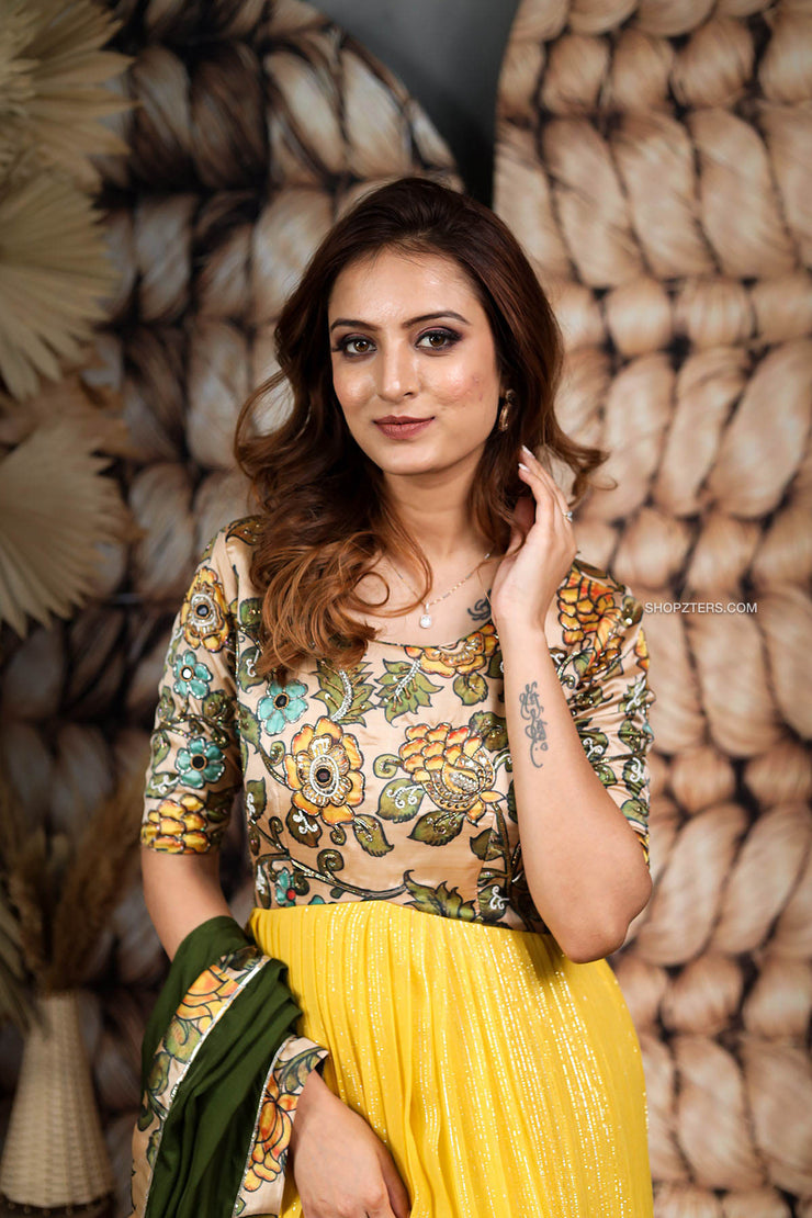 Green and Yellow Georgette kalamkari Dress