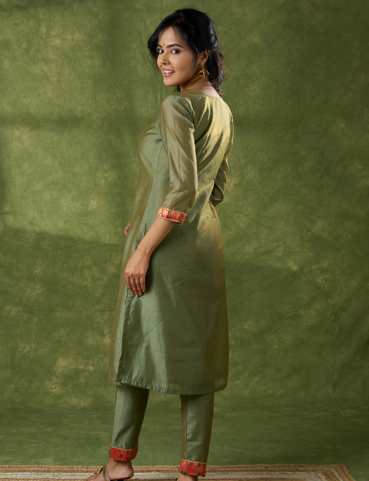 Soothing Olive Chanderi Kurta With Brocade Details