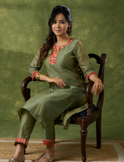 Soothing Olive Chanderi Kurta With Brocade Details