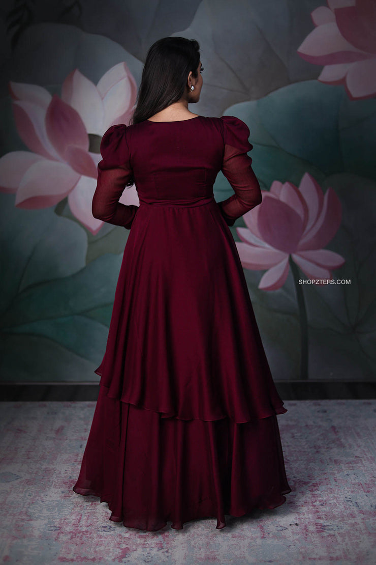 Wine Two-Layer Embroidered Gown