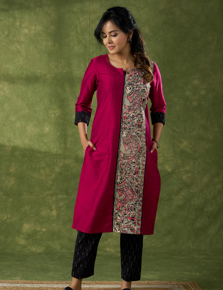 Classic Magenta Cotton Silk Kurta With Hand Painted Madhubani Panel