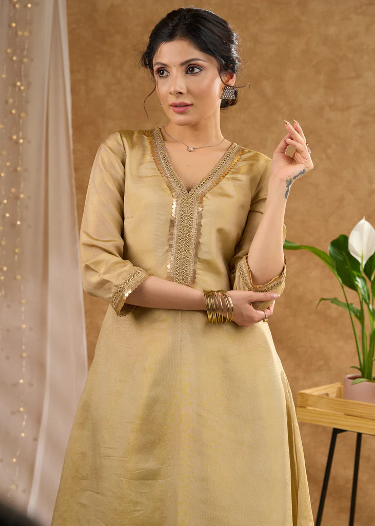 Elegant Golden Tissue A-Line Kurta with Tissue Pants (Dupatta Optional)