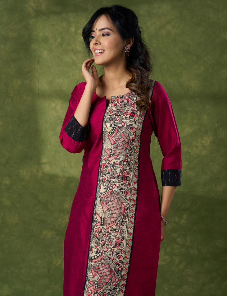 Classic Magenta Cotton Silk Kurta With Hand Painted Madhubani Panel