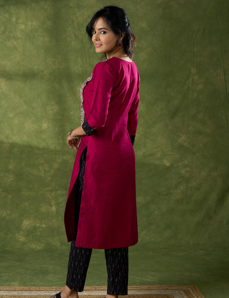 Classic Magenta Cotton Silk Kurta With Hand Painted Madhubani Panel