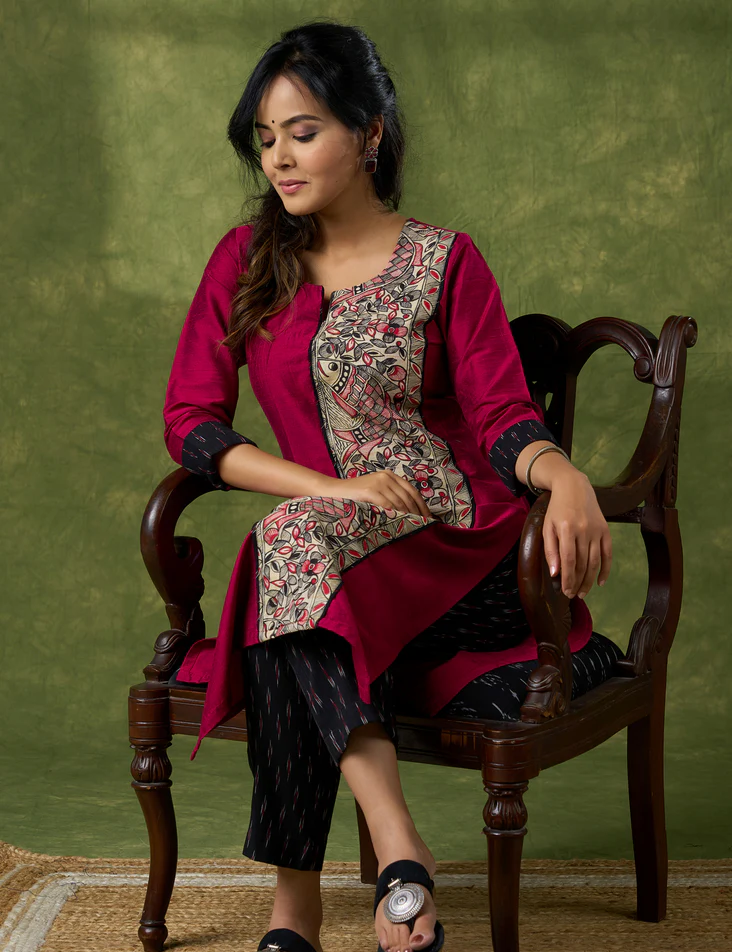 Classic Magenta Cotton Silk Kurta With Hand Painted Madhubani Panel