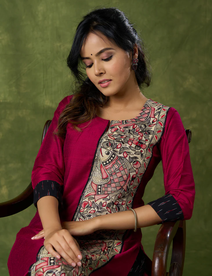 Classic Magenta Cotton Silk Kurta With Hand Painted Madhubani Panel