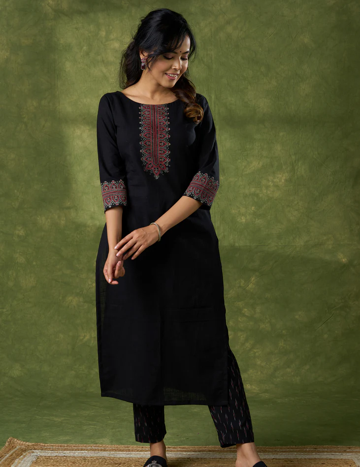 Sleek Black Cotton Hand Block Printed Kurta