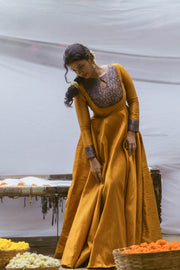 Yellow Semi Silk Dress with Brocade Patch Yoke