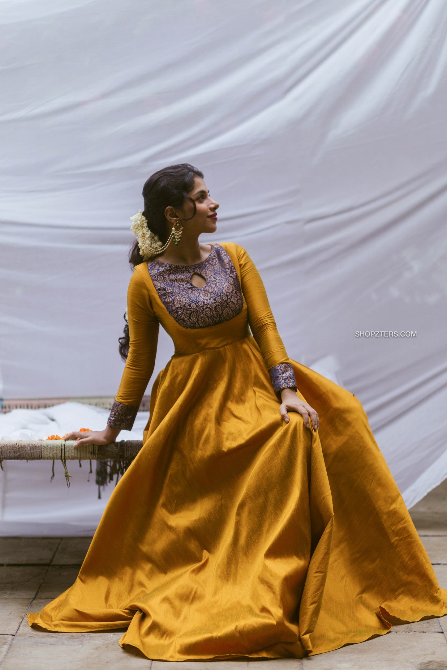 Yellow Semi Silk Dress with Brocade Patch Yoke