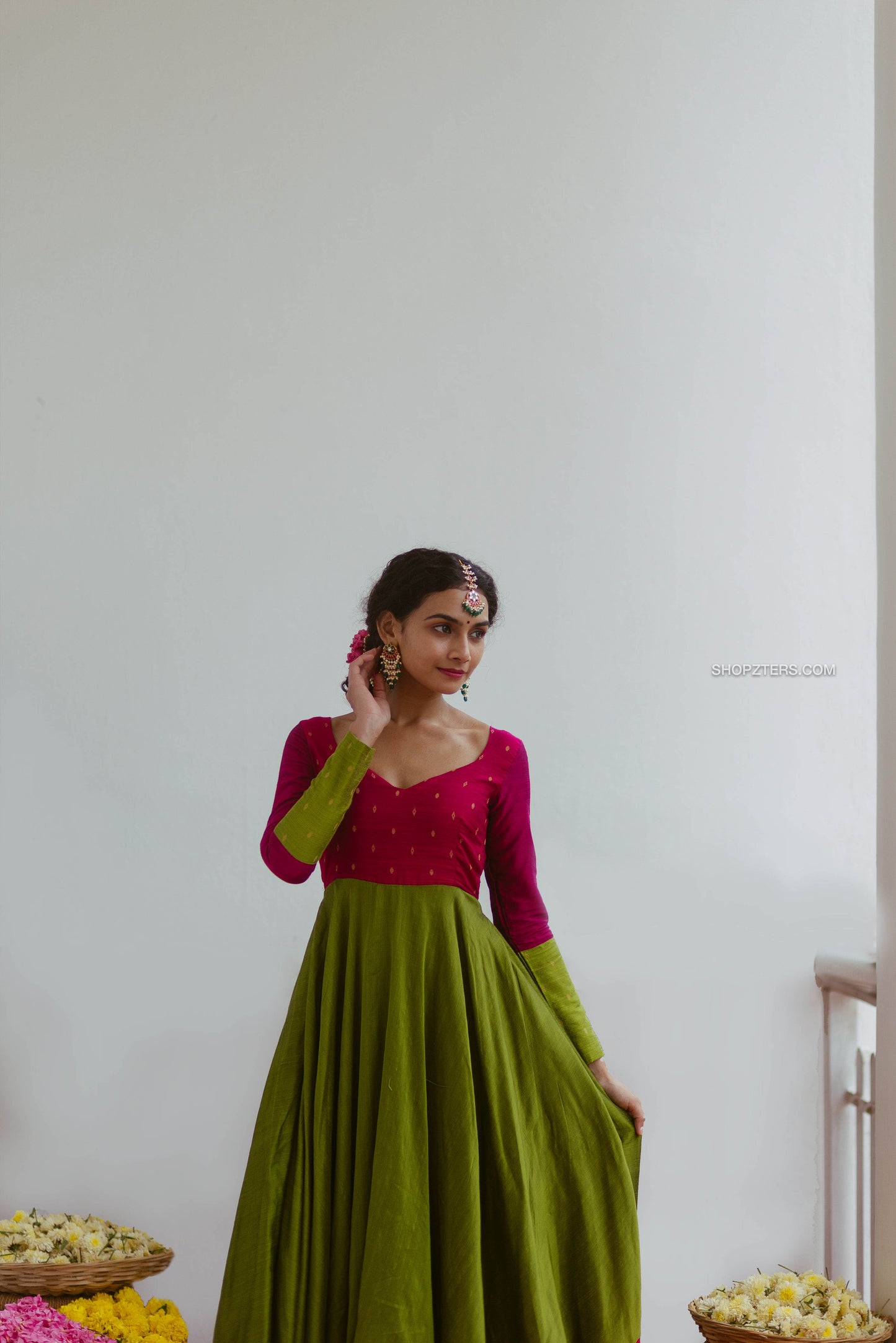 Pink and Green Cotton Silk Dress