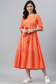 Orange Cotton Woven Design Midi Dress