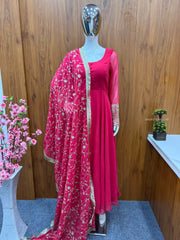 Pink Georgette Suit Set With Embroidered Dupatta