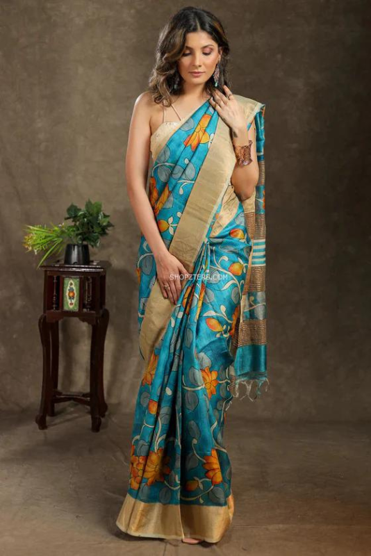 Blue Pure Tussar Silk Saree With Kalamkari Design