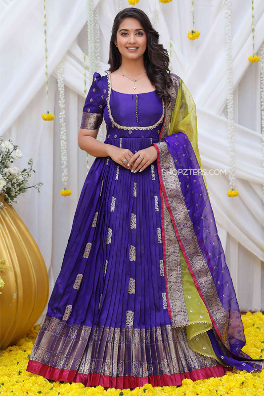 Royal Blue Banarasi Silk Anarkali Dress Shopzters