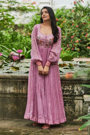 Pink Embroidered Long Gown with Unique Sleeves