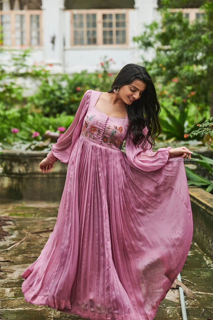 Pink Embroidered Long Gown with Unique Sleeves