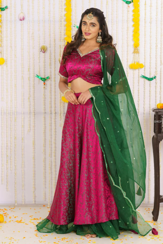 Magenta Green Embroidery Work Silk Georgette Designer Fancy Lehenga Choli.  Buy online shopping lehenga choli at -Hyderabad.