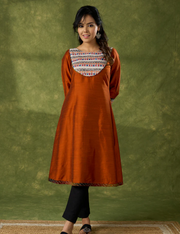 Exclusive Rust Kurta With Hand Painted Madhubani Yoke