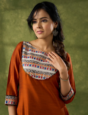 Exclusive Rust Kurta With Hand Painted Madhubani Yoke