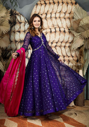 Purple Blue Organza Anarkali Dress With Pink Dupatta