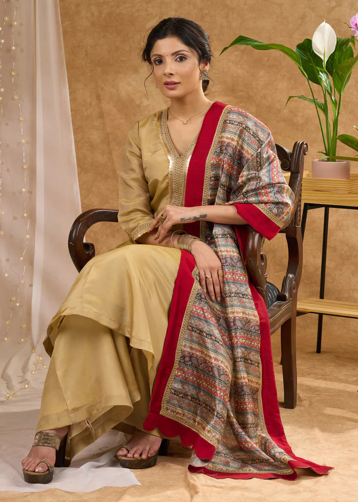 Elegant Golden Tissue A-Line Kurta with Tissue Pants (Dupatta Optional)
