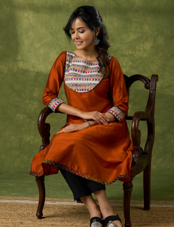 Exclusive Rust Kurta With Hand Painted Madhubani Yoke