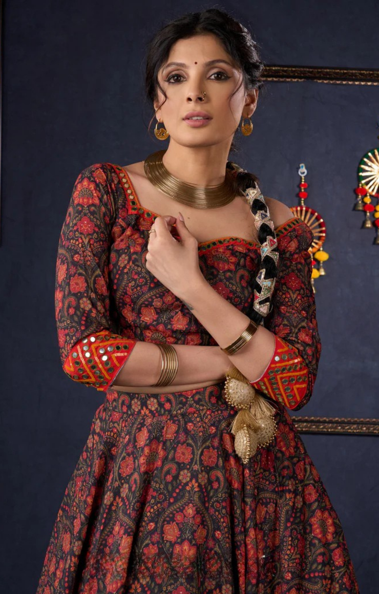 Beautiful Orange Printed Lehenga & Blouse With Mirror Work & Contrast Dupatta.