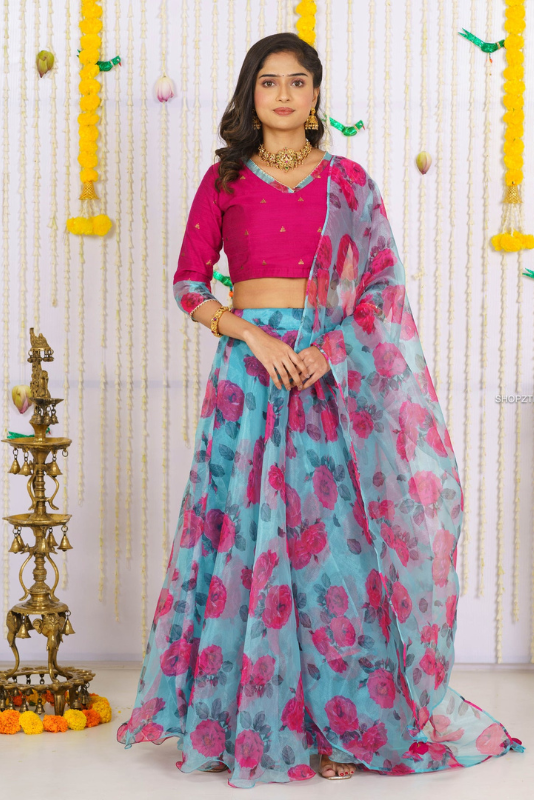 Pink Croptop with Blue Floral Organza Skirt and Dupatta