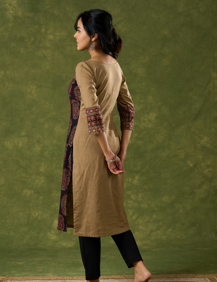 Elegant Cotton Ajrakh Combination Dark Beige Kurta