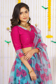 Pink Croptop with Blue Floral Organza Skirt and Dupatta
