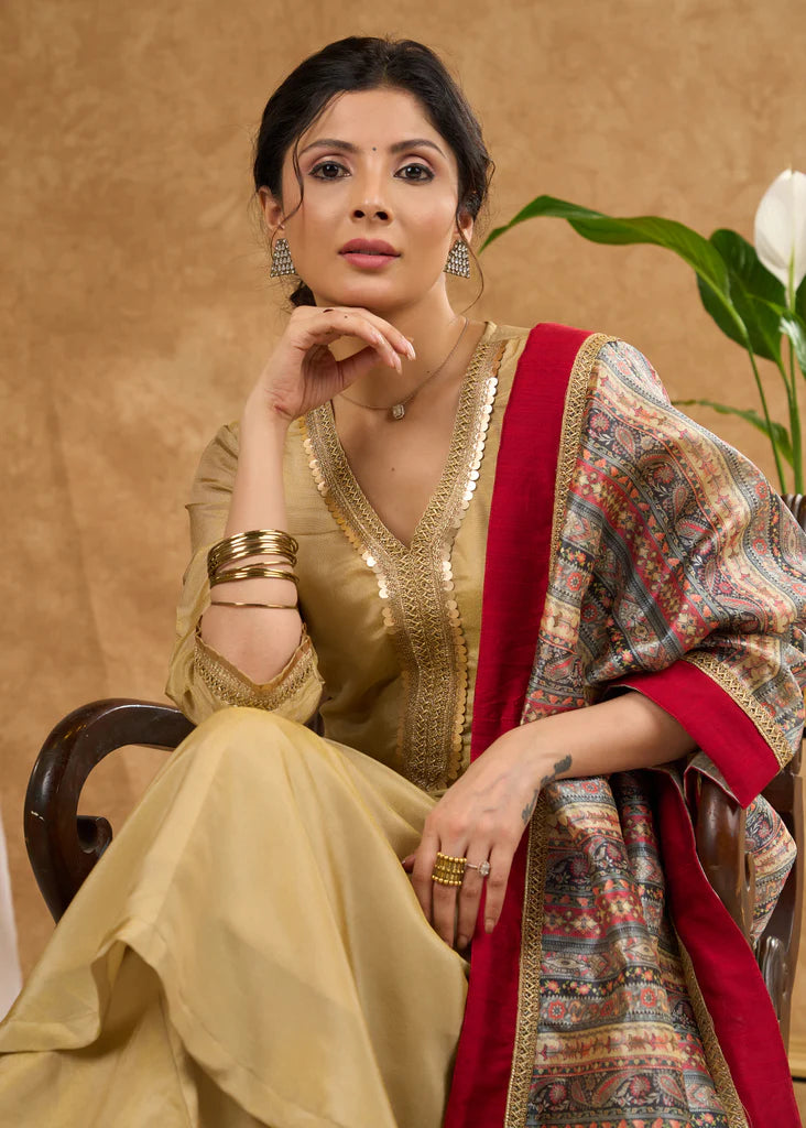 Elegant Golden Tissue A-Line Kurta with Tissue Pants (Dupatta Optional)