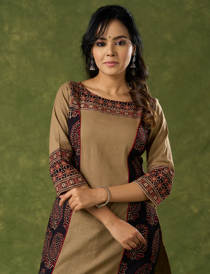 Elegant Cotton Ajrakh Combination Dark Beige Kurta