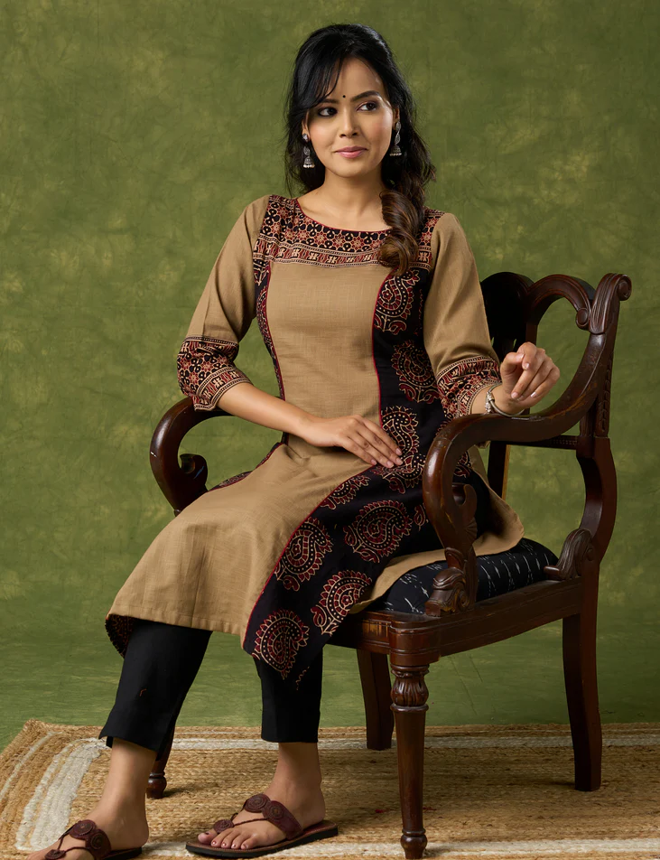 Elegant Cotton Ajrakh Combination Dark Beige Kurta