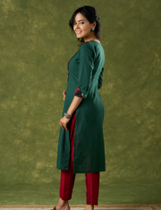 Trendy Bottle Green Cotton Patch Work Yoke Kurta With Kutch Mirrorwork