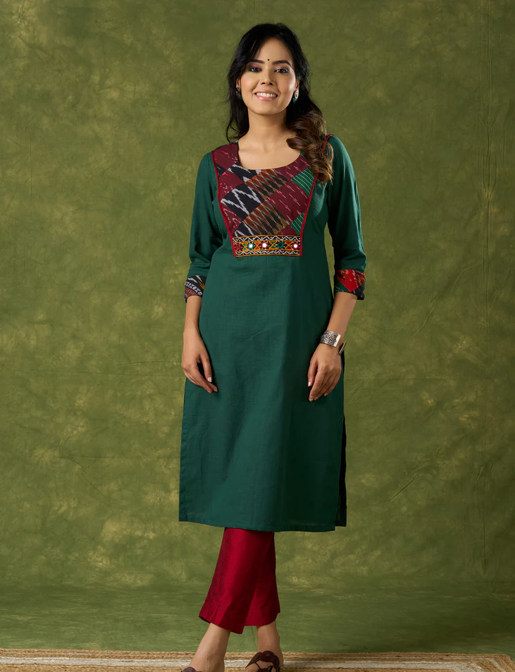 Trendy Bottle Green Cotton Patch Work Yoke Kurta With Kutch Mirrorwork