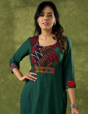 Trendy Bottle Green Cotton Patch Work Yoke Kurta With Kutch Mirrorwork