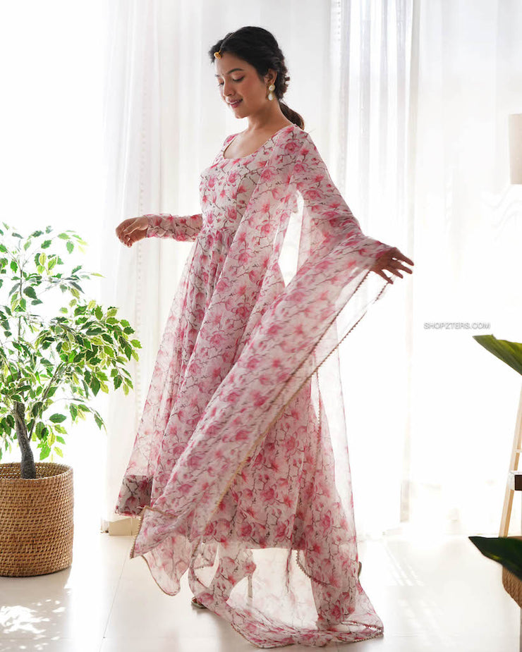 White and Pink Floral Printed Organza Kurta Set