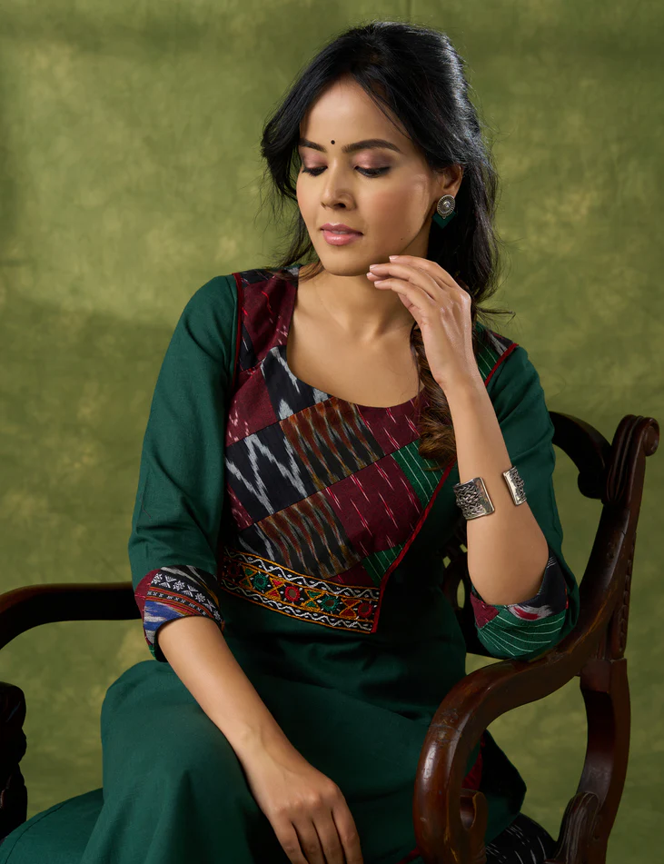 Trendy Bottle Green Cotton Patch Work Yoke Kurta With Kutch Mirrorwork