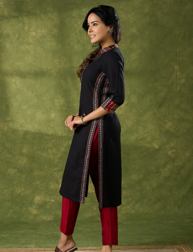 Beautifully Combined Black Cotton Ikat Kurta