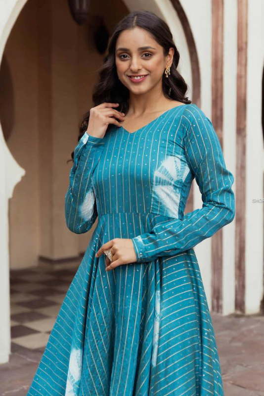 Teal high low floor length dress set - Rana's by Kshitija