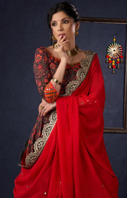 Beautiful Orange Printed Lehenga & Blouse With Mirror Work & Contrast Dupatta.