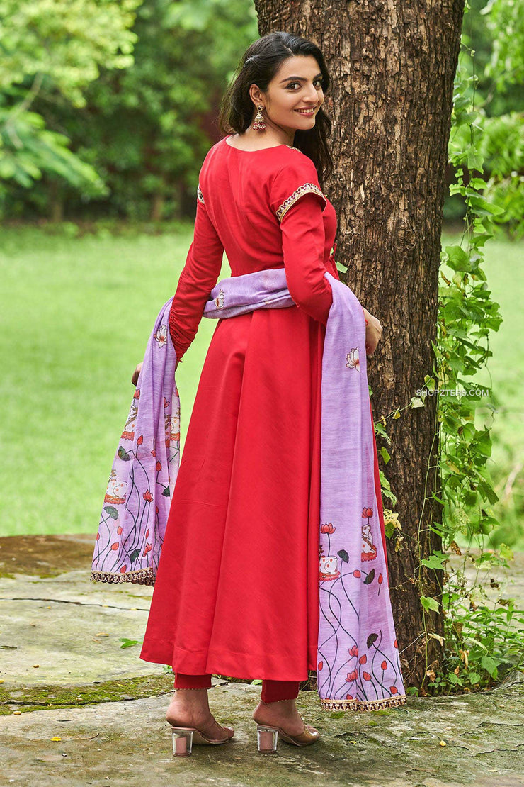 Red Angrakha Suit Set with Pichwai Dupatta