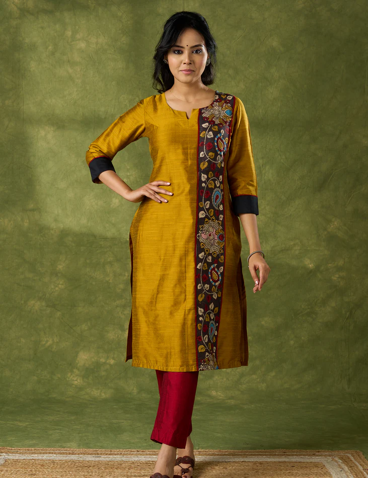 Elegant Mustard Cotton Silk Kalamkari Kurta