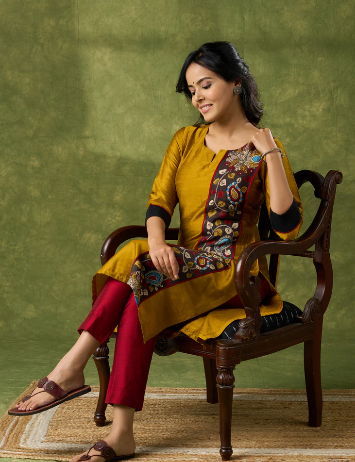 Elegant Mustard Cotton Silk Kalamkari Kurta