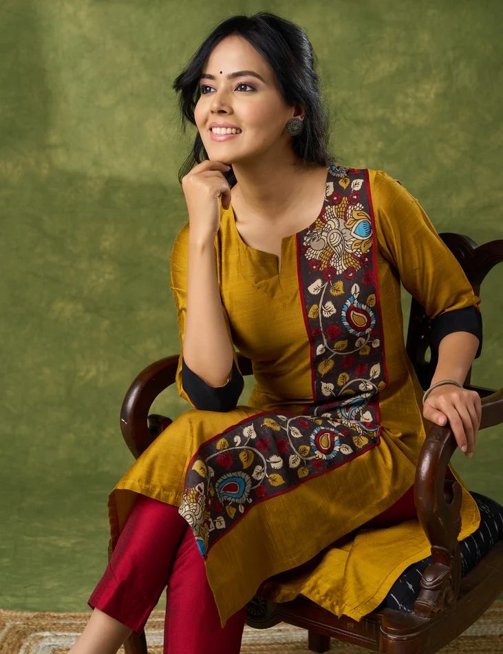 Elegant Mustard Cotton Silk Kalamkari Kurta