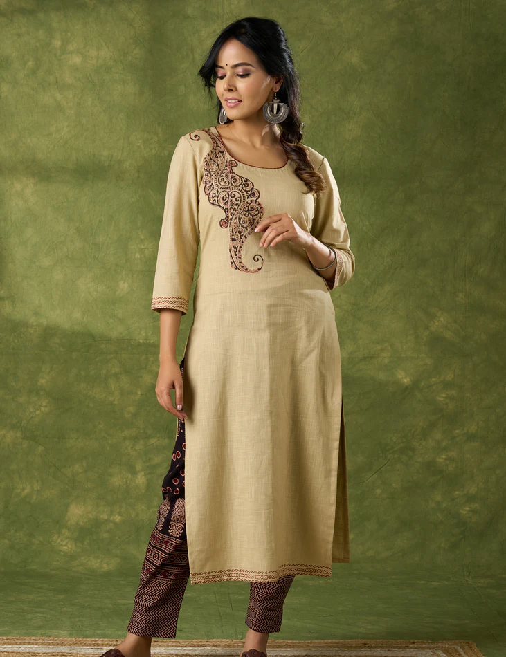 Classy Hand Block Printed Cotton Beige Kurta