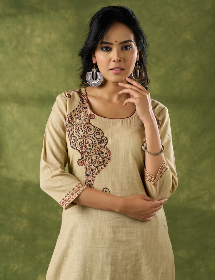 Classy Hand Block Printed Cotton Beige Kurta